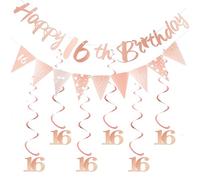 Melhope 16th Birthday Party Decorations Rose Gold Happy Birthday Bunting Banner Triangle Flag with 6pcs Hanging Swirls Streamers for Girl Party Decor Supplies