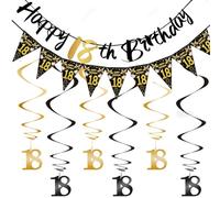 Melhope 18th Birthday Party Decorations Black and Gold Happy Birthday Bunting Banner Triangle Flags with 6pcs Hanging Swirls Streamers for Boys Girls Party Decor Supplies (Black birthday 18)