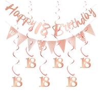Melhope 18th Birthday Party Decorations Rose Gold Happy Birthday Bunting Banner Triangle Flag with 6pcs Hanging Swirls Streamers for Girl Women Party Decor Supplies