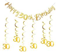 Melhope 30th Birthday Party Decorations Gold Happy Birthday Bunting Banner with 6pcs Hanging Swirls Streamers for Men Women Party Decor Supplies