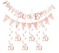 Melhope 50th Birthday Party Decorations Rose Gold Happy Birthday Bunting Banner Triangle Flag with 6pcs Hanging Swirls Streamers for Girl Women Party Decor Supplies