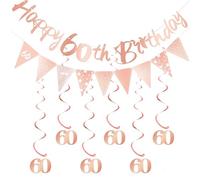 Melhope 60th Birthday Party Decorations Rose Gold Happy Birthday Bunting Banner Triangle Flag with 6pcs Hanging Swirls Streamers for Girl Women Party Decor Supplies