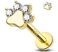 Melighting 14K Yellow Gold Dog Paw Cartilage Earring Internally Threaded Helix Earring CZ Flat Back Stud 8mm Tragus Daith Earrings 16G Labret Stud