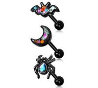 Melighting 16G 3PCS Dark Helix Studs Bat & Spider Cartilage Earrings 316L Stainless Steel Helix Earrings Moon Tragus Conch Studs Helix Piercing Jewellery for Halloween