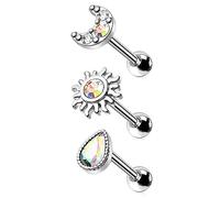 Melighting 16g Celestial Sun Cartilage Studs 3pcs Glitter Helix Earrings Stainless Steel Helix Piercing Studs Extrenally Threaded Tragus Conch Earring Helix Piercing Jewellery for Women