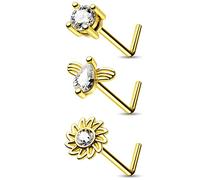 Melighting 20G Gold L Bend Nose Rings Set Nose Piercing Studs Floral Nose Bone Surgical Steel 316L Nose Studs Piercing Jewellery for Women Girls
