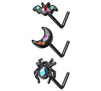 Melighting 3PCS Black Nose Rings 20G Halloween Nose Studs Surgical Steel 316L Spider Nose Piercing Jewelry L Shaped Bat Nostril Piercing Jewerly, Metal, stainless steel