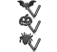 Melighting 3PCS Black Nose Studs 20G Spider Nose Rings Halloween Nose Studs L Shaped Nostril Piercing Jewellery Bat Nose Piercing Studs