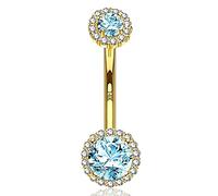 Melighting Gold Belly Bars 14K Solid Gold Belly Button Ring Navel Piercing Ring Double Gem Belly Ring Body Jewellery