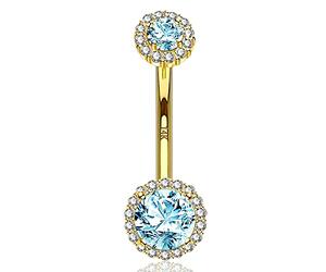 Melighting Gold Belly Bars 14K Solid Gold Belly Button Ring Navel Piercing Ring Double Gem Belly Ring Body Jewellery