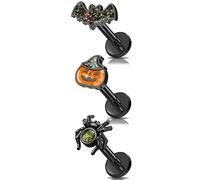 Melighting Halloween Cartilage Studs 3PCS Black Helix Earrings Internally Threaded Tragus Stud Spider Lobe Studs Bat Pumpkin Flat Back Earrings