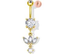 Melighting Minimalist Lotus Belly Button Ring 14G 10mm Navel Ring with Three Marquise CZ Petals and Dangling Round Zircon, 316L Stainless Steel Belly Piercing Jewelry in Gold or Silver, 14G10mm