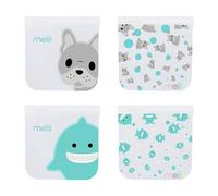 melii Reusable Sandwich & Snack Bags for Kids & Adults, Food Storage, Organization & Meal Prep Containers, Leakproof, BPA free, 4 Pack, 2 Bulldog & 2 Shark