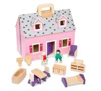 Melissa & Doug Fold and Go Wooden Dollhouse With 2 Dolls and Wooden Furniture, Pink