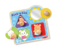 Melissa & Doug Ms Rachel Wooden Peek-a-Boo Jumbo Peg Puzzle, 4-Piece with Mirror, Toddler Toys for Boys and Girls Ages 1+ Years, Bright, Primary