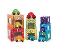Melissa & Doug Nesting and Sorting Garages and Cars With 7 Graduated Garages and 7 Stackable Wooden Cars - FSC Certified