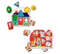 Melissa & Doug Wooden Jumbo Peg Puzzle 2-Pack for Baby and Toddler Boys and Girls - Large Farm, First Shapes