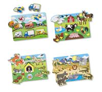 Melissa & Doug Wooden Peg Puzzle 4-Pack for Toddler and Preschool Boys and Girls - Vehicles Farm Safari Pets