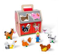 Melissa & Doug Wooden Take-Along Sorting Barn Toy with Flip-Up Roof and Handle 10 Wooden Farm Play Pieces - Farm Toys, Shape Sorting And Stacking Learning Toys For Toddlers And Kids Ages 2+