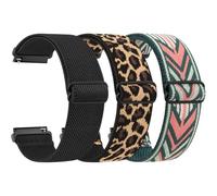Meliya 22mm Watch Bands Quick Release Replacement Wristband, 3 Pack Solo Loop Adjustable Elastic Nylon Straps for Men Women, Black+Leopard+Arrow