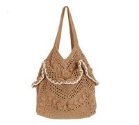 Meliyya Crochet Beach Tote Bag for Women, Boho Hollow Out Knitted Shoulder Bag with Drawstring Lining, Large Summer Woven Handbag, Khaki