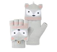 MELLIEX Kids Fingerless Gloves Convertible Flip Top Gloves Winter Warm Half Finger Mitten for Boy Girls 5-10 Years, Fox-Grey