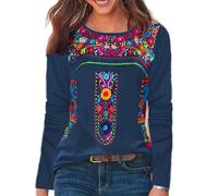 Melliflo Long Sleeve Mexican Shirts for Women Floral Embroidered Peasant Blouse Ethnic Style Boho T-Shirts, Navy Blue, XL