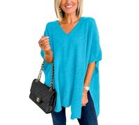 Melliflo Ponchos for Women Short Sleeve V Neck Knit Poncho Fall Casual Solid Loose Fit Shawl Wrap, Blue, M