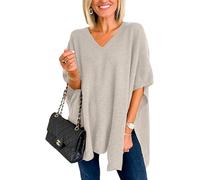 Melliflo Ponchos for Women Short Sleeve V Neck Knit Poncho Fall Casual Solid Loose Fit Shawl Wrap, Grey, L