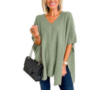 Melliflo Ponchos for Women Short Sleeve V Neck Knit Poncho Fall Casual Solid Loose Fit Shawl Wrap, Green, L