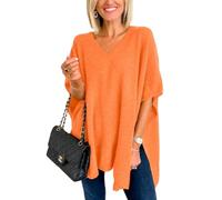 Melliflo Ponchos for Women Short Sleeve V Neck Knit Poncho Fall Casual Solid Loose Fit Shawl Wrap, Orange, L