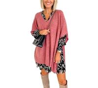 Melliflo Ponchos for Women Short Sleeve V Neck Knit Poncho Fall Casual Solid Loose Fit Shawl Wrap, Pink, L