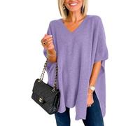 Melliflo Ponchos for Women Short Sleeve V Neck Knit Poncho Fall Casual Solid Loose Fit Shawl Wrap, Purple, M