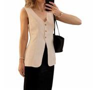 Melliflo Womens Summer Long Linen Vest Casual Sleeveless V Neck Button Down Tops Casual Summer Vest with Pocket, Apricot, Small