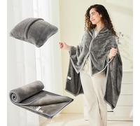 Mellowdy Shawl Blanket Pillow 2-in-1 for Office, Work from Home (Dark Grey, 40x60) - Wearable Adult Swaddle Snuggle Coat Poncho, Airplane Travel Blanket Set, Fleece Shoulder Wrap for Men and Women