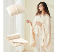 Mellowdy Shawl Blanket Pillow 2-in-1 with Sleeves for Office, Work, Home (Pearled Ivory, 40x60) - Wearable Adult Snuggie Coat Poncho, Airplane Travel Set, Fleece Shoulder Wrap for Men and Women