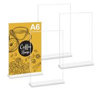 mellystore 4 x A6 Stands, Acrylic Table Stand with Removable Base, Place Card Holder, T-Stand, Acrylic Advertising Stand A6 for Double-Sided Presentation, Sign Holder A6 for Office, Restaurant, Cafe