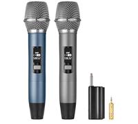Meloace Rechargeable Wireless Microphone, Two Metal UHF Microphones with 1/4" Receiver, Plug-and-Play for Karaoke Singsing, Lecture, Stage Performance, PA System (Blue&Grey)