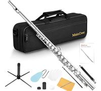 MeloCrest Flutes - Closed Hole C Flute For Beginners, 16-Key Flute with a Carrying Case, Stand, and Cleaning Kit, Tuning Rod, Musical Instrument for Kids, Nickel, MFL-1