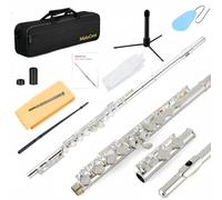 MeloCrest Flutes - Closed Hole C Flute For Beginners, 16-Key Flute with a Carrying Case, Stand, and Cleaning Kit, Tuning Rod, Musical Instrument for Kids, Silver