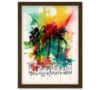 Melodic Oasis Tropical Palm Tree Sonata Music Modern Splat Paint Watercolour Painting Artwork Framed Wall Art Print A4 Artery8 Brown One Size