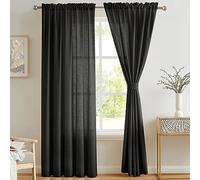 Melodieux 2 Panel Faux Linen Voile Net Curtains Semi Sheer Rod Pocket Drapes for Bedroom, Living Room, Window - Black, 55 x 102 inch drop (140 x 260cm)