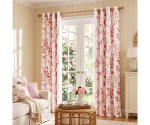 Melodieux Floral Curtains 96 Inches Long for Living Room, Farmhouse Pink Apricot Flower Print White Decorative Grommet Drapes, 52x96 Inch, 2 Panels