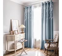 Melodieux Flower Embroidery Linen Blackout Blue Curtains for Living Room Bedroom Grommet Window Drape, White Flower, 52 by 96 Inch (1 Panel)