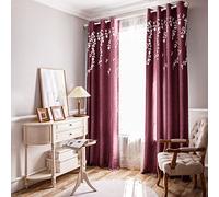 Melodieux Flower Embroidery Linen Blackout Burgundy Curtains for Living Room Bedroom Grommet Window Drape, White Flower, 52 by 84 Inch (1 Panel)