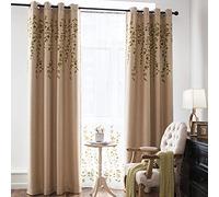 Melodieux Flower Embroidery Linen Blackout Wide Curtains for Living Room Patio Door Large Window Grommet Drape, Beige/Green, 100 by 84 Inch (1 Panel)