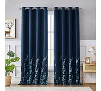 Melodieux Flower Embroidery Linen Textured Blackout Curtains for Living Room Bedroom Silver Grommet Window Drape, Navy/Blue, 52 by 84 Inch (1 Panel)