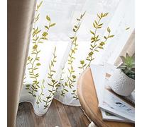 Melodieux Flower Embroidery Sheer Curtain for Living Room Bedroom, Farmhouse Style Rod Pocket Voile Drape, White/Green, 52 by 96 Inch (1 Panel)