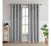 Melodieux Flower Embroidery Wide Curtains Faux Linen Room Darkening Curtains for Living Room Patio Door Large Window Grommet Curtain Grey Flower, 100 x 84 Inches (1
