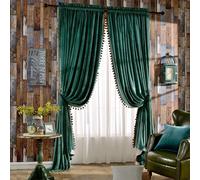 Melodieux Luxury Pom Poms Velvet Curtains for Bedroom Living Room, Thermal Insulated Rod Pocket Window Drapes, 52x84 Inch, Antique Green (1 Pair)